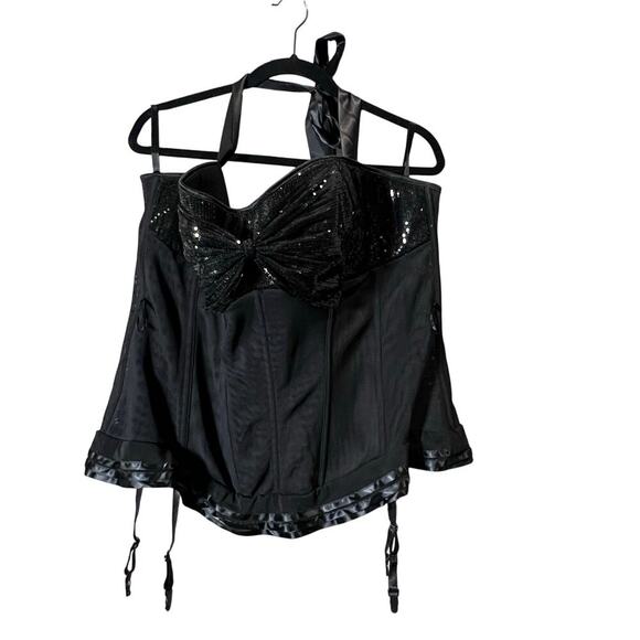 Adore Me Corset Black Hook Eye Bustier Sequin Halter Lingerie Ribbon Garter 4XL - Picture 1 of 9